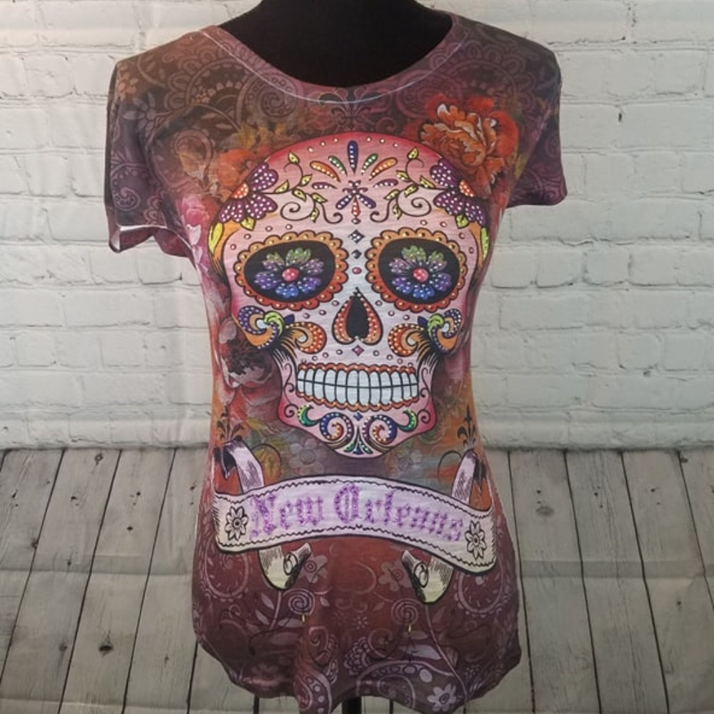 New Orleans Rhinestone Sugar Skull Top Size Small